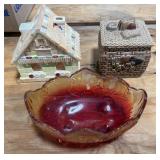 Amberina Colored Footed Fruit Bowl, 2 Cookie Jars