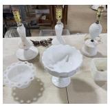 3 Milk Glass Hobnail Lamps, Pedestal Compote