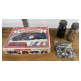 Train Set, Marbles, 2 Jars of Dominoes