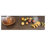 15+/- Stone Artificial Fruit, Wooden Bowl