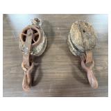 2 Vintage Wood/Metal Pulleys