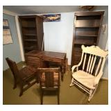 2 Bookshelves, Desk, 2 Wooden Chairs, Rocking