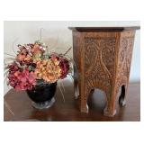 Carved Wood Plant Stand, Vase w/ Artificial