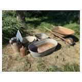 Wheel Barrow, Wash Bins, Pots and Pans, Misc