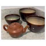 3 Sango Mixing Bowls, Pottery Teapot