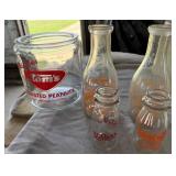 Tom's Toasted Peanuts Jar, 4 Vintage Milk Bottles
