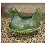 Green Iridescent Glass Hen on Nest