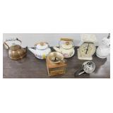 3 Vintage Tea Pots, Manual Coffee Grinder,