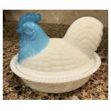 Vintage Milk Glass w/ Light Blue Head Hen on Nest