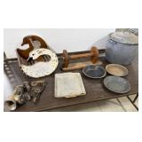 Enamelware Plates, Large Pot, Meat Grinder,