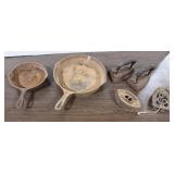 2 Cast Iron Skillets, 2 Vintage Irons, Sad Iron