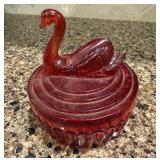Vintage Red Glass Powder Jar w/ Swan Lipstick
