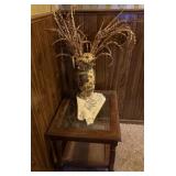 Vintage Wood/Glass End Table, Vase w/ Artificial