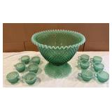 Vintage Fenton Green Opalescent Hobnail 14-Piece