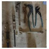 2 Pipe Wrenches, 2 Channel Locks, Wrench,