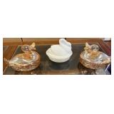 Swan on Nest, 2 Glass Ducks Covered Dishes