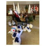 Metal Sleigh w/ Santa, Decorative Trees,