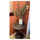 Round Spindle Side Table, Vase w/ Artificial Plant