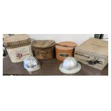 2 Aluminum Hardhats, 3 Vintage Hat Boxes,