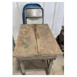 Wood Table, 3 Metal Folding Chairs