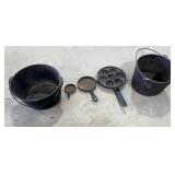 2 Cast Iron Pots, Aebleskiver Pan, 2 Small Pans
