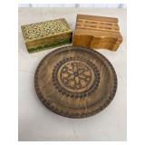 (2) Wooden Trinket Boxes & Carved Wood Plate