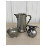 Pewter Pitcher, Creamer & Small Bowl