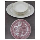 Willow Divided Plate, serving platter & 6 bowls