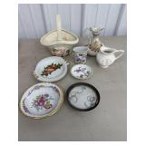 Lefton Pitcher - has chips, misc saucers, rose