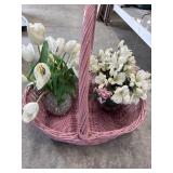 Pink Wicker Basket & 2 vases w/ artificial flowers