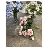(3) clear vases w/ artificial flowers