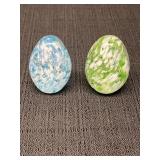 2 speckled glass eggs, 2in.  Blue/white/clear &