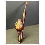 Hand carved wooden tobacco pipe, 13in