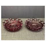 2 ruby red glass bowls, open lace edge w/button &