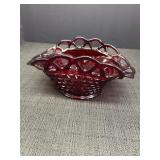 Red ruby glass cane bowl w/open lace edge.