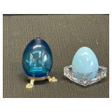 (2) Blue Glass Eggs, Footed Gold Stand w/