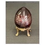 Rudy Red Cut Glass Egg w/ Metal Stand