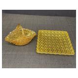 Amber Glass Basket & square plate, Button & Daisy