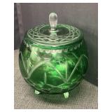 Green cut-to-clear glass candy/nut bowl, footed w/