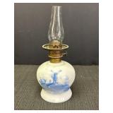 Milk glass oil lamp w/blue windmill scene,