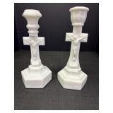 2 Milk glass cross crucifix candlesticks