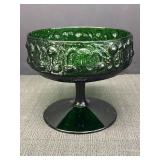 Emerald green blown glass compote.  7in tall x