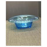 Large blue glass footed bowl, etched floral