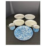 Blue & White Swirl Enamelware Plates & Cups