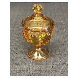 Amber Art Glass Six Petal Covered Candy Dish w/