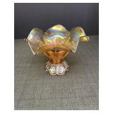 Marigold Carnival glass vase w/ruffled edge.