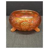 3 footed Marigold Carnival Glass bowl.  Grapes &