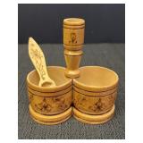 Hand-carved & finished wood salt & pepper holder,