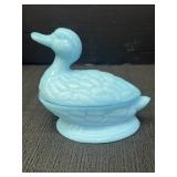 Blue milk glass duck on a nest.  5in high & 5.25in