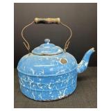 Vtg. blue & white enamel kettle w/lid & handle.